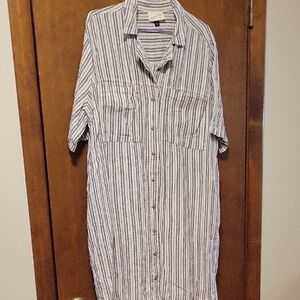 Universal Thread Blue Striped Short Sleeve Shirt Dress L Linen Blend